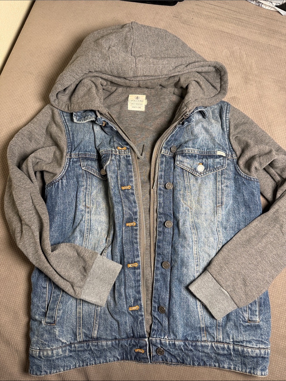 Volcom Blue Denim & Gray Hooded Heavy Jean Jacket